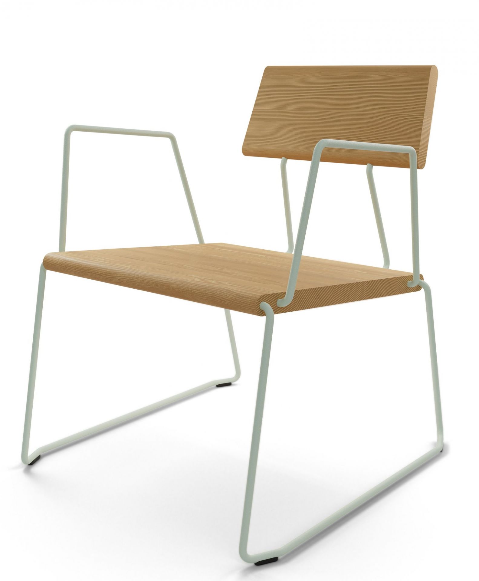 D:008 Loungechair von Fuchs & Habicht: Holzstuhl mit Armlehnen und mintfarbenem Metallgestell. Modernes Design.